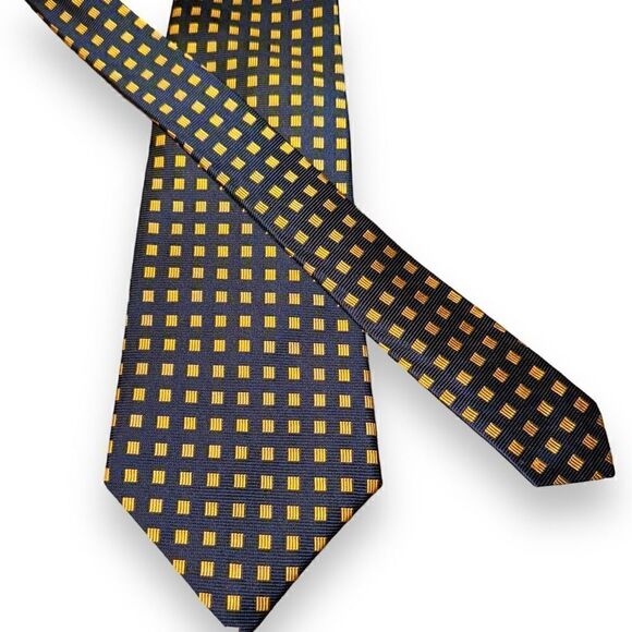 Polo Ralph Lauren Navy & Gold Check Handmade in USA 100% Silk Tie - Picture 1 of 5